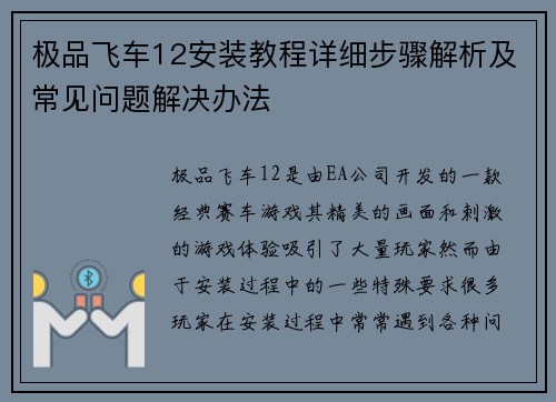 极品飞车12安装教程详细步骤解析及常见问题解决办法
